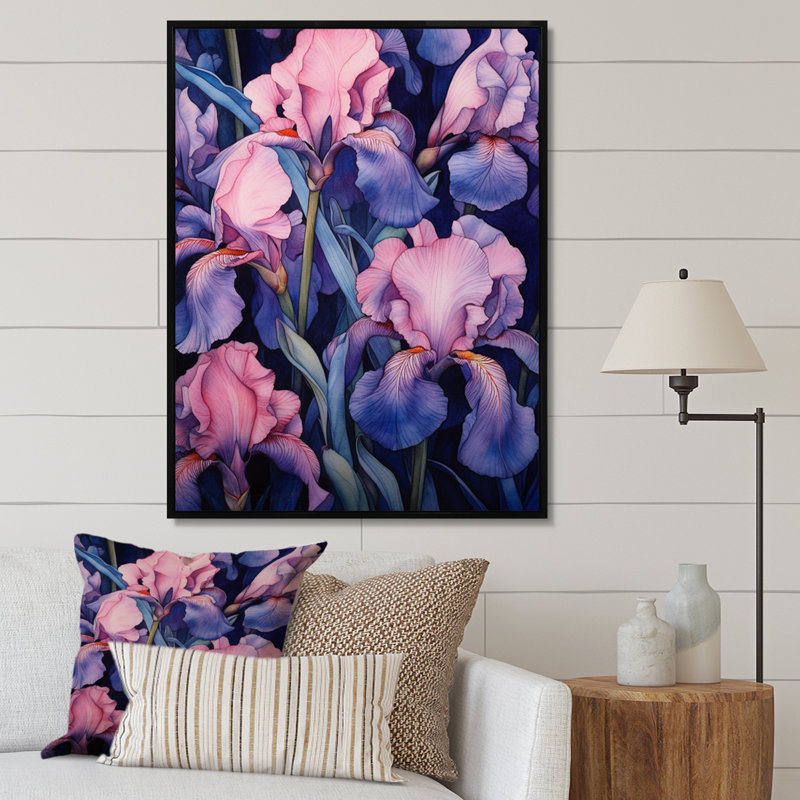 Rose, bleu, iris et pétale I, H 44 po x l 34 po x P 1,5 po, Cadre flottant noir