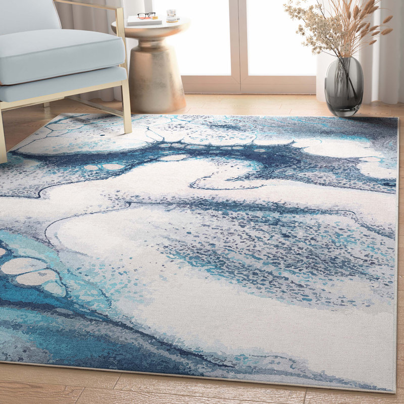 Nuzzo Tokyo Retro Marble Flat-Weave Blue Area Rug, Rectangle 5'3" x 7'3"