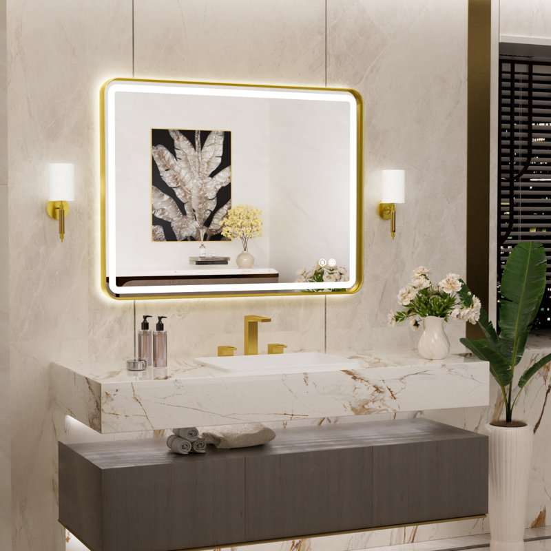 Miroir de salle de bain lumineux à DEL avec cadre en aluminium, éclairage avant et arrière, antibuée, 3 températures de couleur et intensité variable