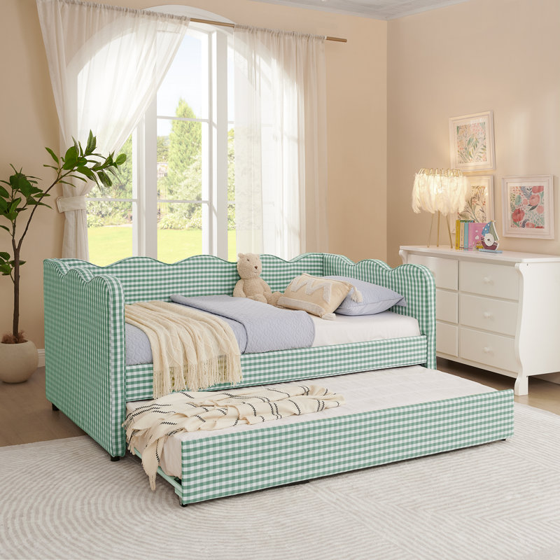 Lit de jour avec couchette Myron Cottage Wave, tissu en lin et port USB, Cyan