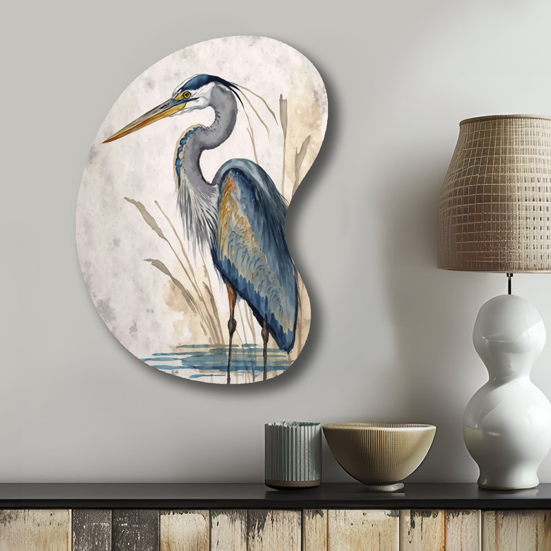 Héron au bord de l'eau, aquarelle II - forme de flèche héron animaux - art mural métallique asymétrique, H 31 po x l 22 po