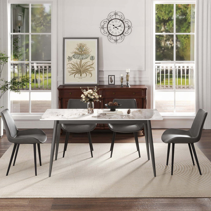 Table de salle à manger en pierre artificielle 62,99 po - blanc Pandora avec pieds gris foncé, Blanc / Gris