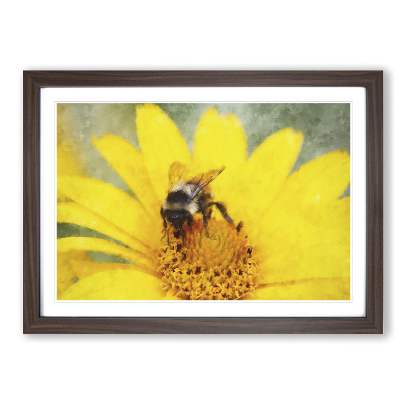 Bee Collecting Pollen - Single Picture Frame Painting on MDF, 62cm H x 87cm W x 2cm D, Walnut
