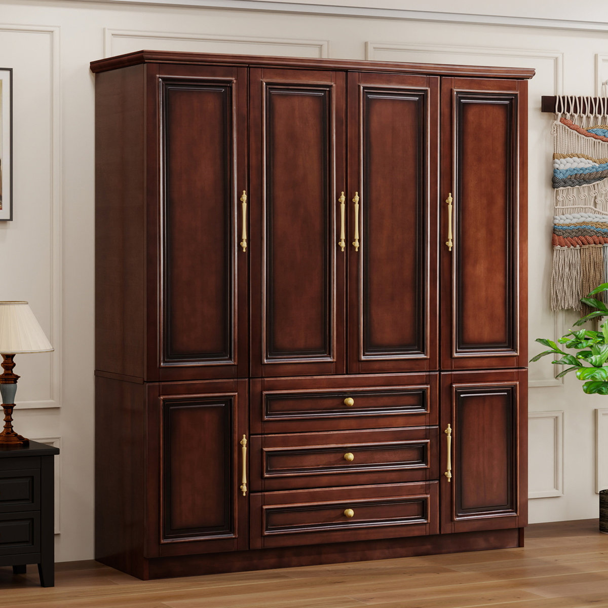 Cherry Finish Solid Wood 4-Door Wardrobe Armoire with Hanging Rod and Storage Drawers for Bedroom