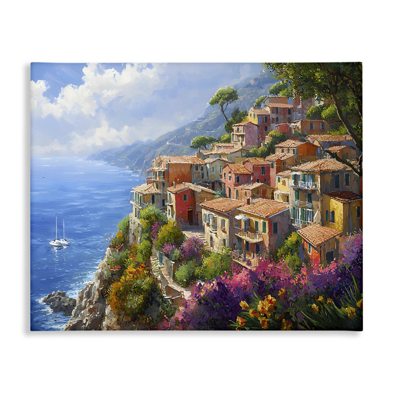 Bord de mer, vue sur le village, toile par Franklyn Gregory, H 16 po x l 20 po