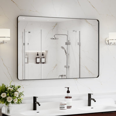 48"x32" Aluminum Black Framed Wall Mirror Rectangular Bathroom Mirror with Rounded Corners
