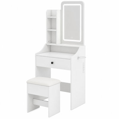 Makeup Vanity Set with Smart Lighted Mirror, Built-in Outlets and Cushioned Storage Stool