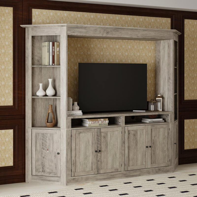 Gris délavé 100 po Meuble audio-vidéo avec plateau en bois massif, tablettes d'angle et 8 armoires de rangement