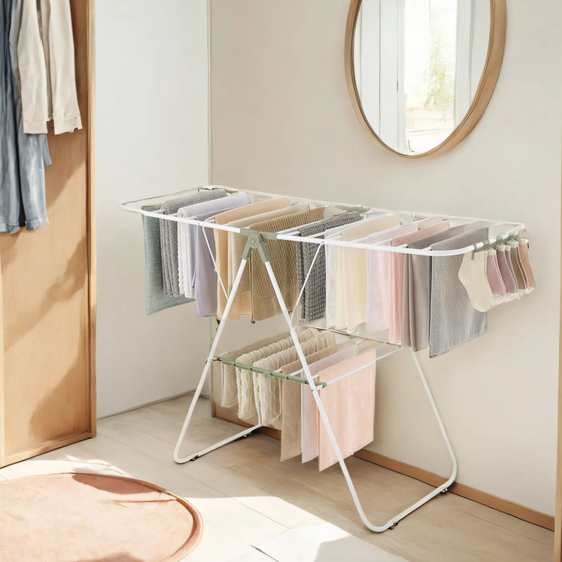 Séchoir à vêtements, avec pinces à chaussettes, support à linge en métal, pliable, peu encombrant, séchoir autoportant, intérieur / extérieur