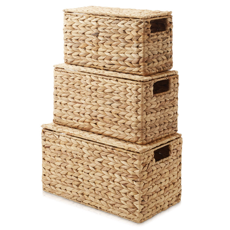 Casafield Water Hyacinth Storage Baskets with Lids, Set of 3 Woven Nesting Bins, Natural