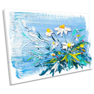 White Daisy Flowers Blue 1 Piece Wrapped Canvas Wall Art