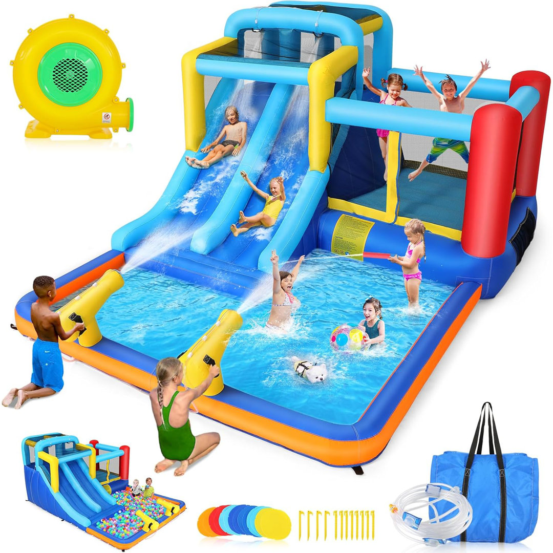 Adam 12X9.5FT Bounce House For Kids 3-10, Inflatable Bouncy House Water Park With Blower, 2 Racing Slides, Water Cannon, Ball Pit Pool, Wet/Dry Use, Jump Castle With Water Slide For Indoor Outdoor Backyard Ancheer