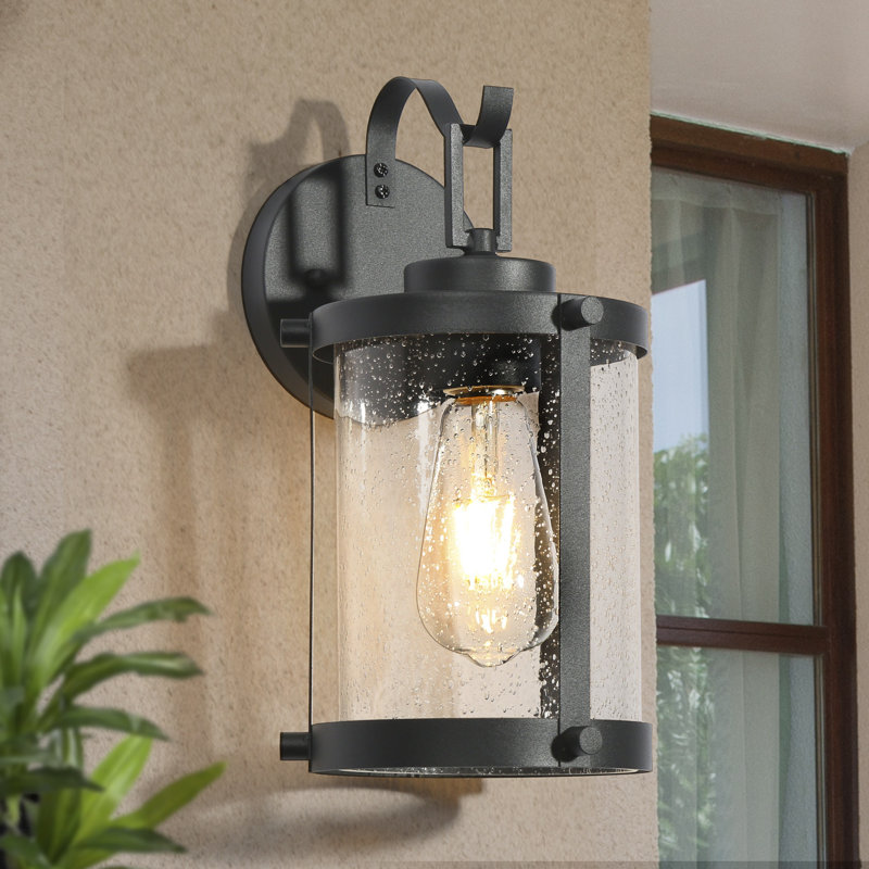Lanterne murale d'extérieur en verre grainé noir H 12,2 po