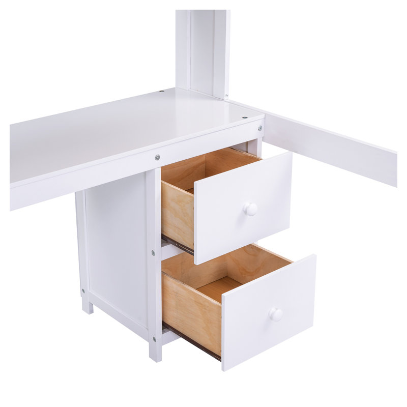 Lit mezzanine double avec bureau et station de charge - Grand lit simple blanc en bois massif avec tiroirs, armoires et tablettes de rangement pour chambre d'enfant
