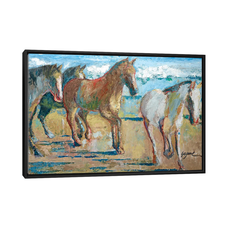«Caballos en la Playa», reproduction sur toile, H 18 po x l 26 po x P 1,5 po, Toile avec cadre noir, Pas de tapis