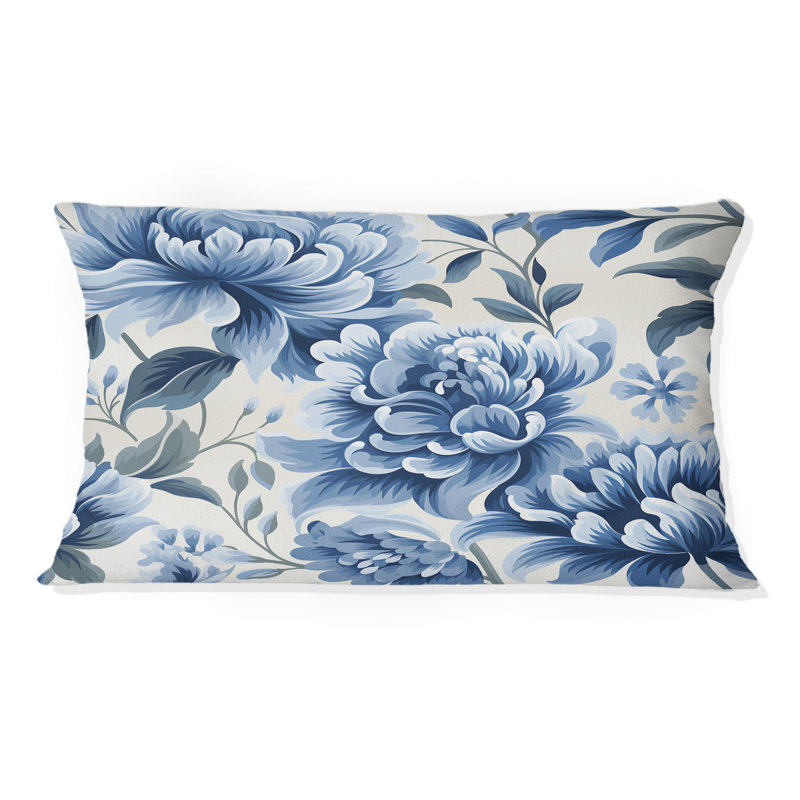 Blanc et bleu brise de damas - coussin floral en polyester