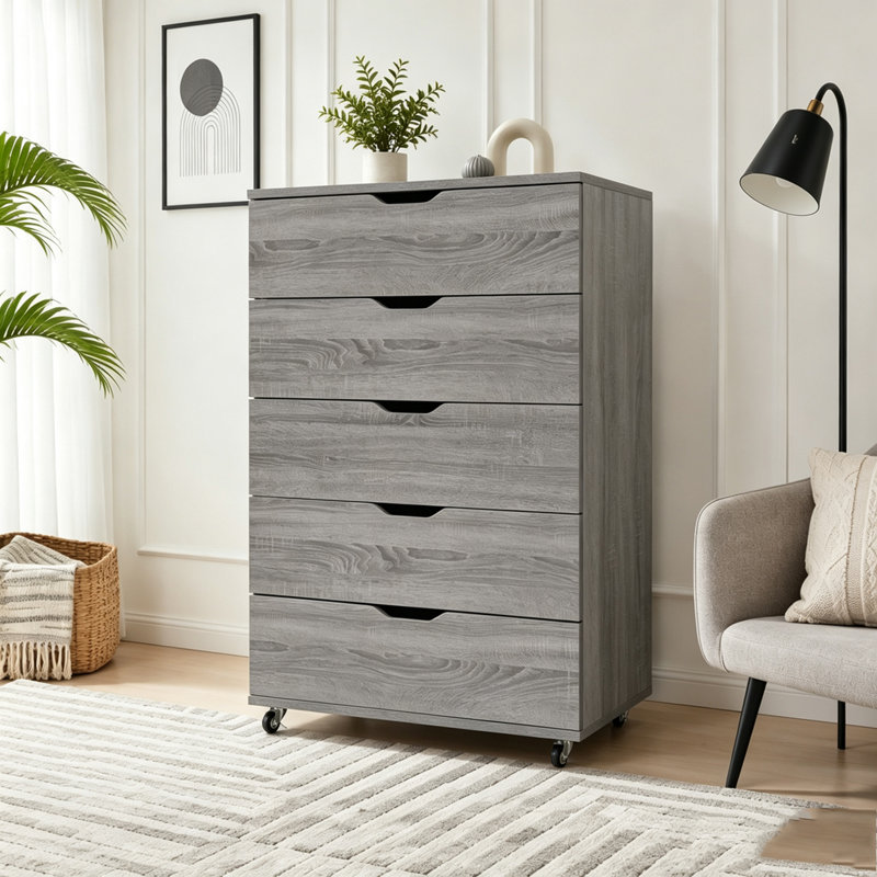 Commode mobile à 5 tiroirs avec roulettes, Gris