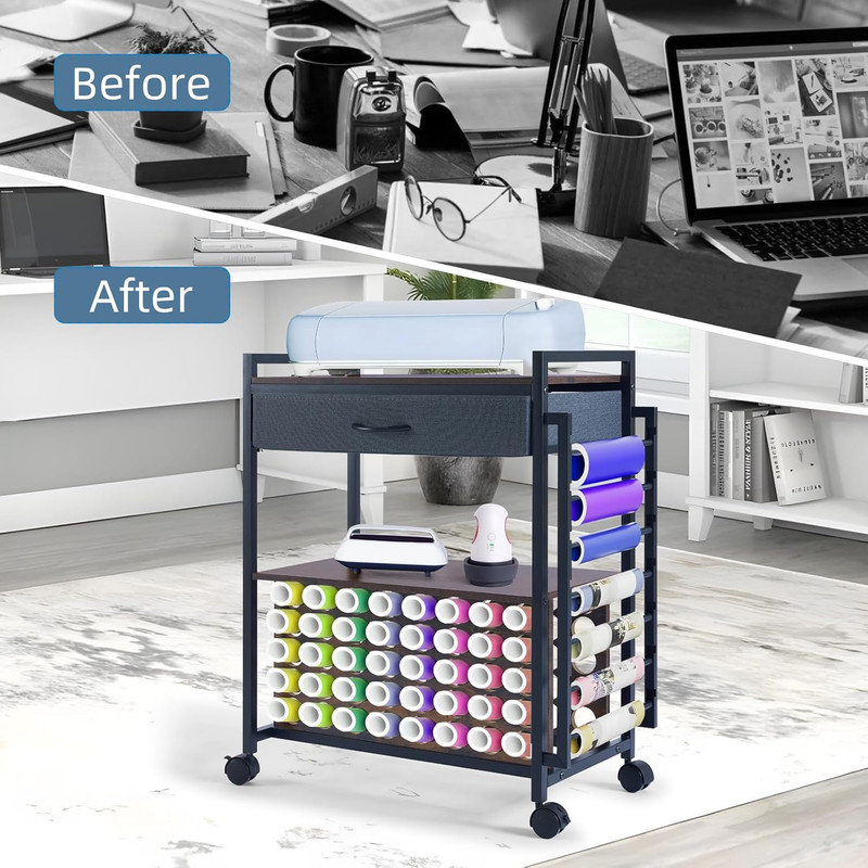 Organisateur de bricolage et chariot de rangement compatible avec la machine Cricut, chariot de rangement avec tiroir en tissu et crochet, 47 porte-rouleau en vinyle