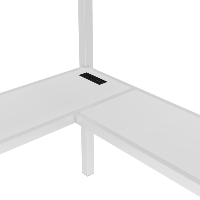 Queen Size Metal Loft Bed With L-Shaped Desk, Wardrobe, USB, And LED For Space-Saving And Multi-Functionality, Off White