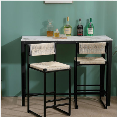 Tabouret de bar en corde de papier blanc crème tissé, 2, avec repose-pieds (blanc crème)