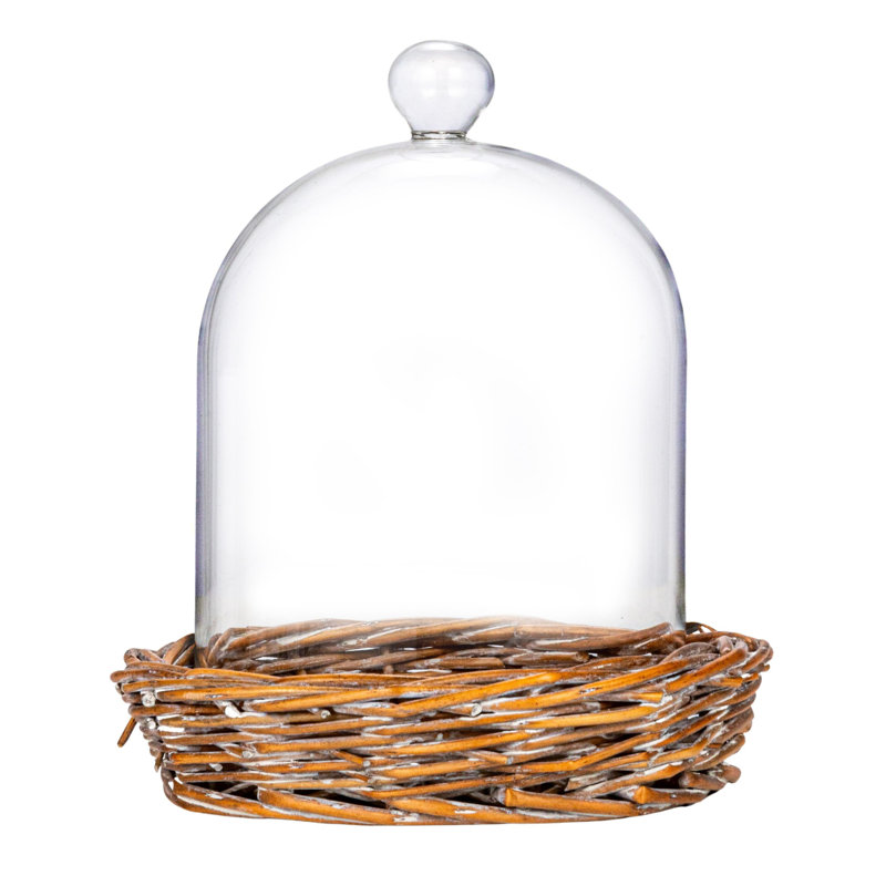 Cloche ronde en verre Abrish avec base en saule tissé, transparent