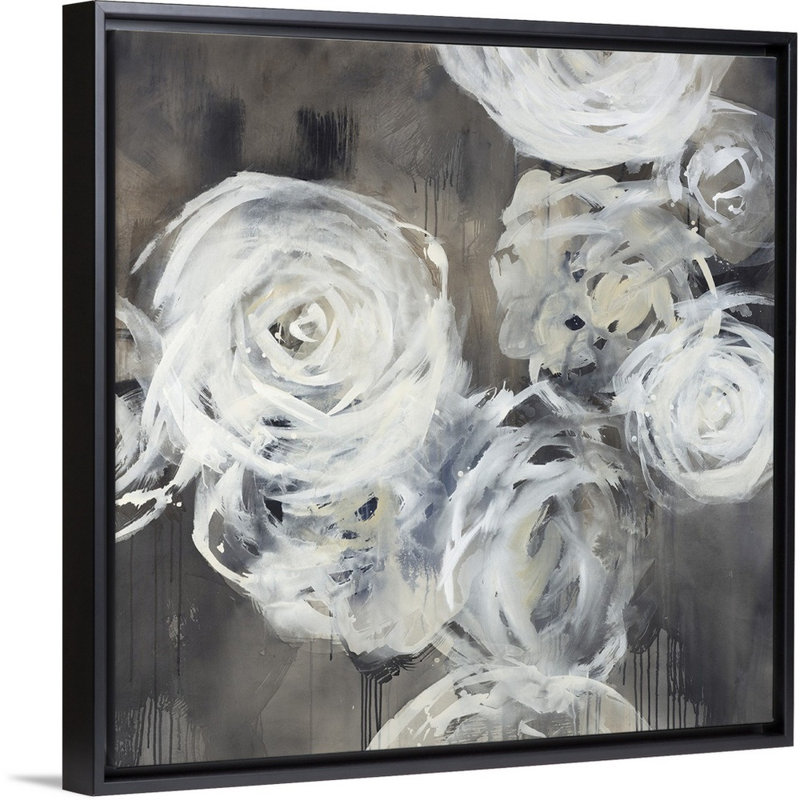 « neuf roses », peinture sur toile, H 13,7 po x l 13,7 po x p 1,75 po, Cadre flottant noir