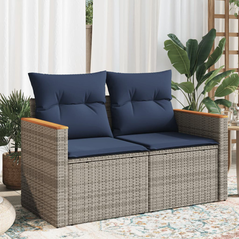 Ebern Designs Patio Sofa With Cushions 2-Seater Black Poly Rattan, Navy Blue Cushion/ Gray Frame