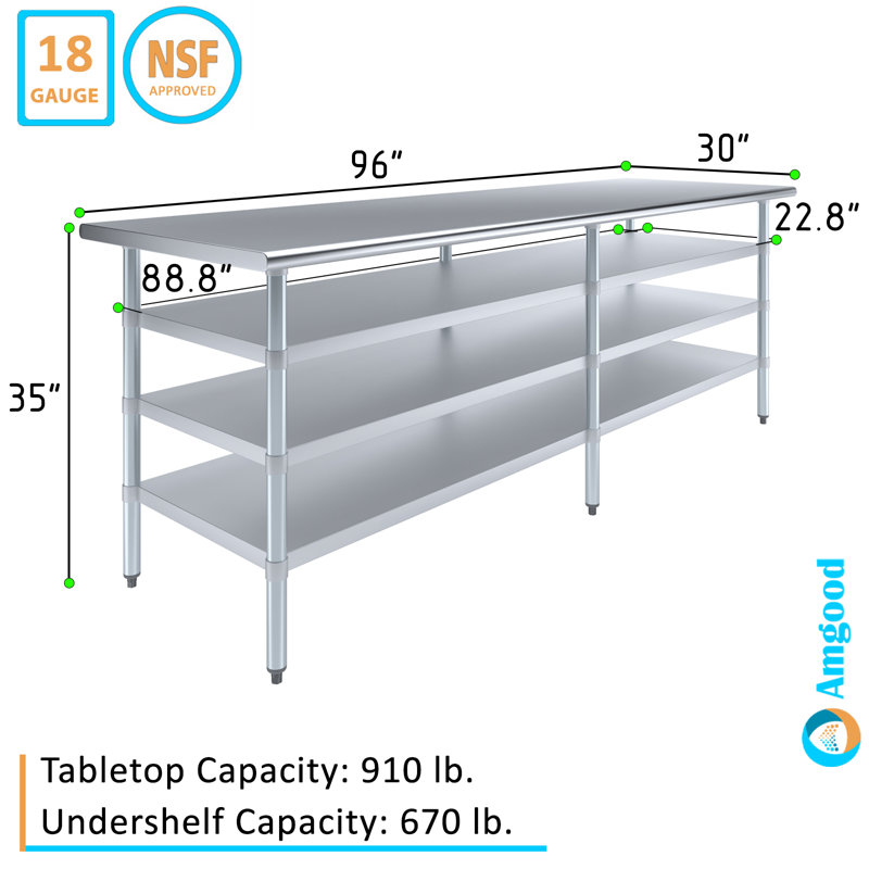 Table en acier inoxydable 30 po x 96 po avec trois tablettes inférieures