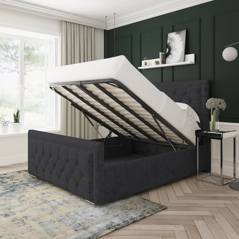 Maple Crushed Velvet Upholstered Ottoman Bed Frame, Black, Small Double (4')