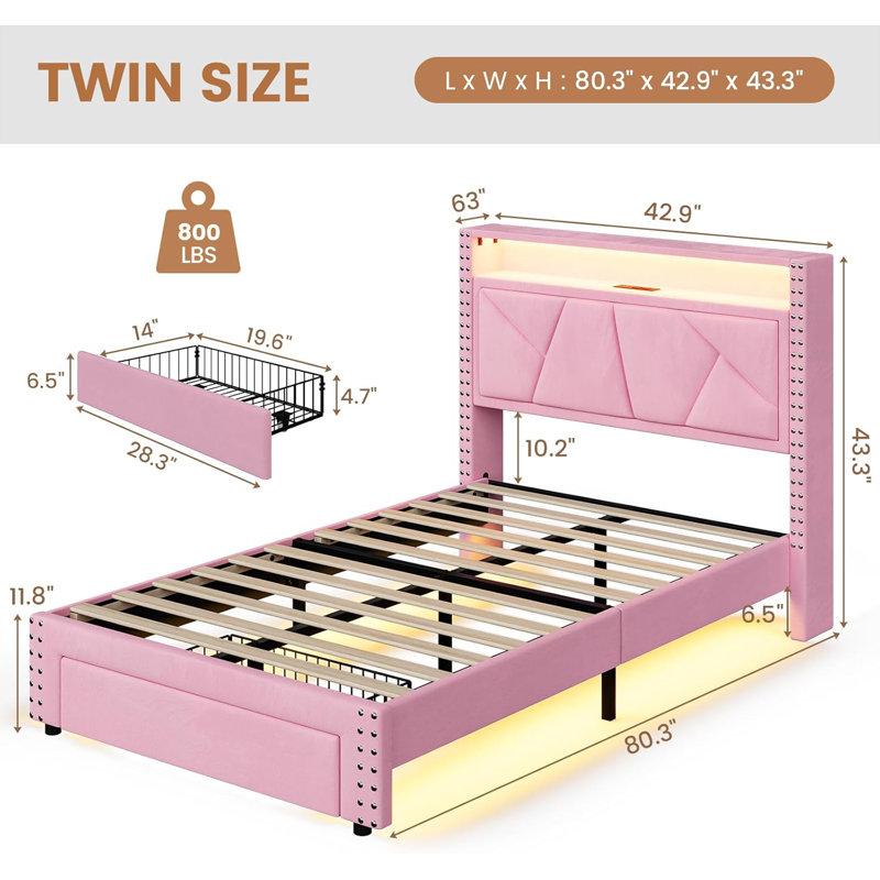 Velvet Upholstered Storage Teens Bed with Drawer & Charging Station 5 Support Legs, Pink