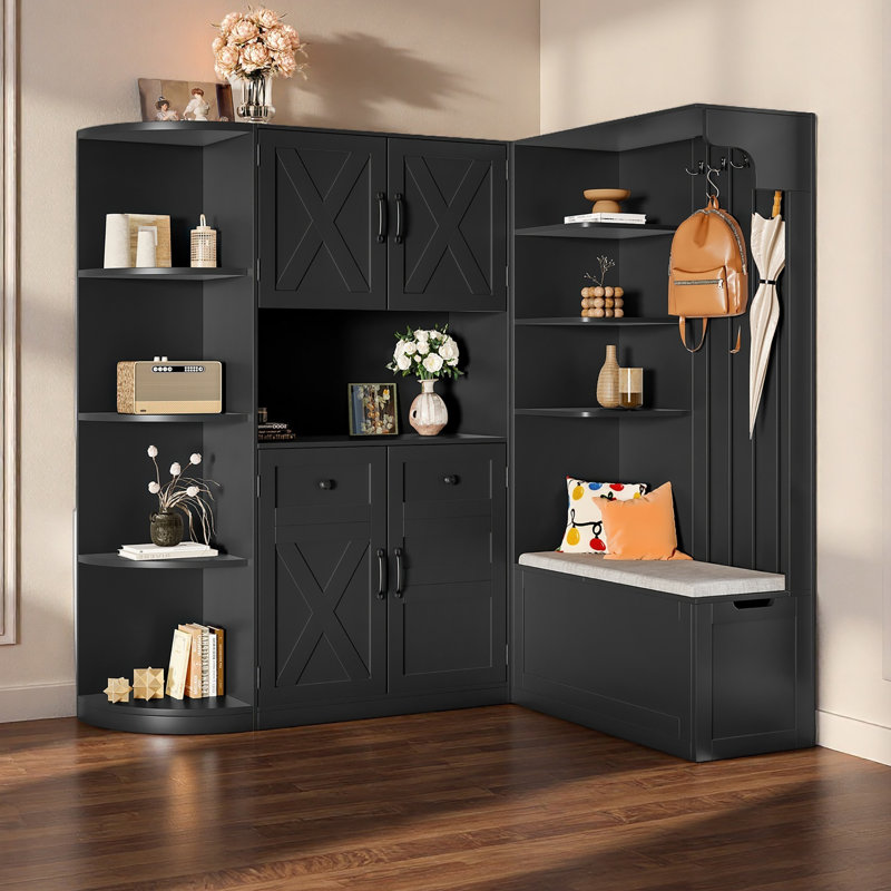 Armoire de vestibule multifonctionnelle gauche-droite (peut être utilisée séparément) avec rangement et 4 crochets, armoire de rangement / arbre d'entrée 2 en 1 pour le salon, la cuisine et le couloir