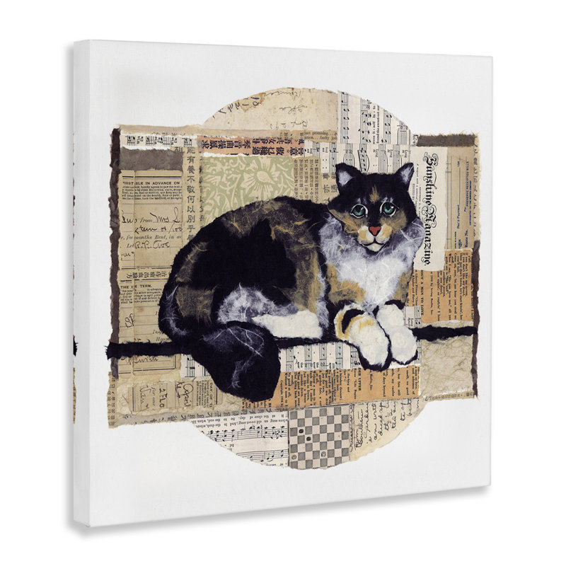 Chat avec collage rétro, art mural par Nancy Overton, H 36 po x l 36 po