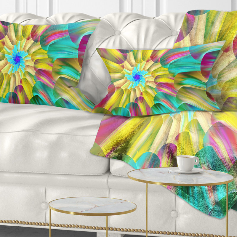 Stain Glass with Spirals - Coussin décoratif à imprimé floral, Bleu sarcelle/jaune
