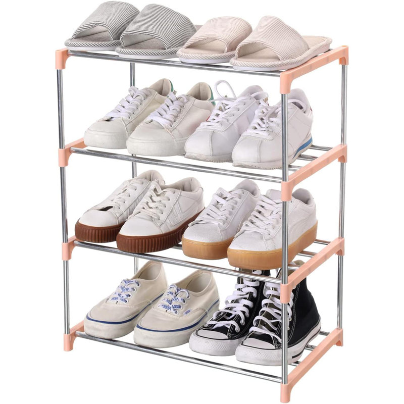 Pink and Silver 4-Tier Stackable Shoe Rack for Entryway