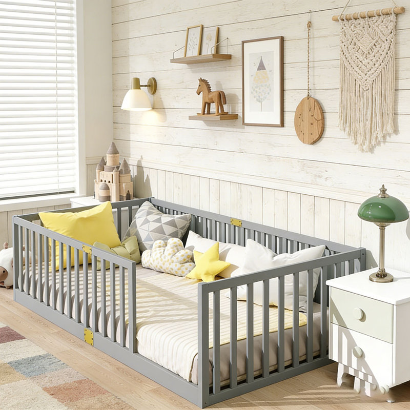 Lit de plancher en bois massif 21,5 po, Gris - sans porte, Lit simple