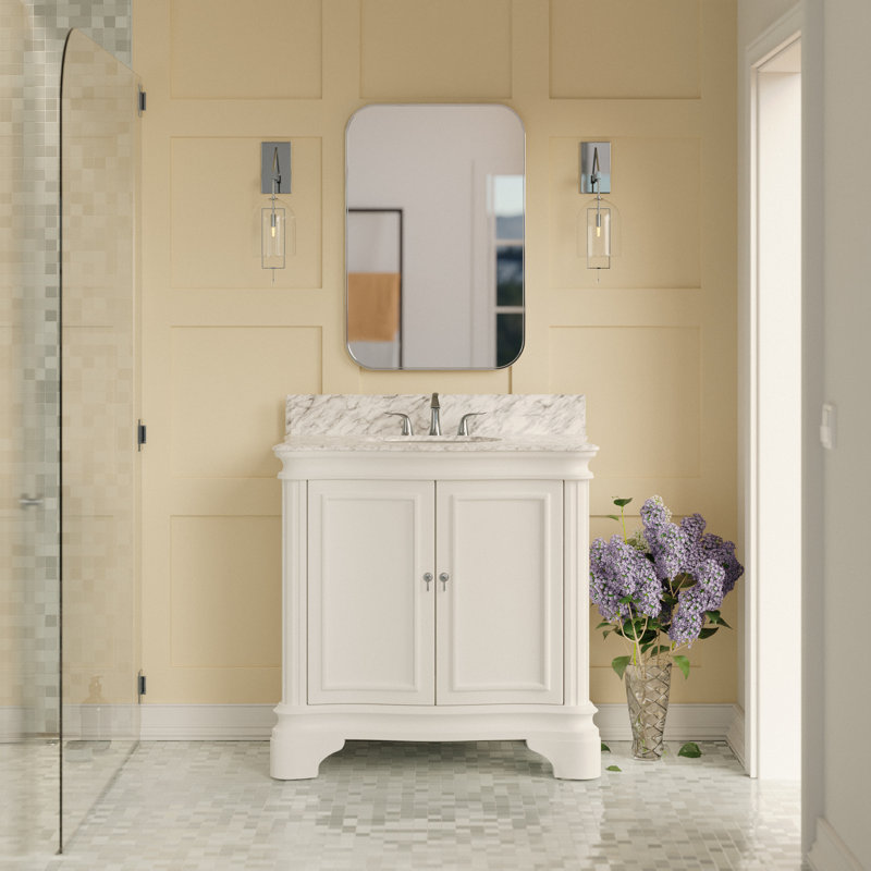 Twain 36'' Single Bathroom Vanity with Carrara Marble Top, Carrara Marble, White