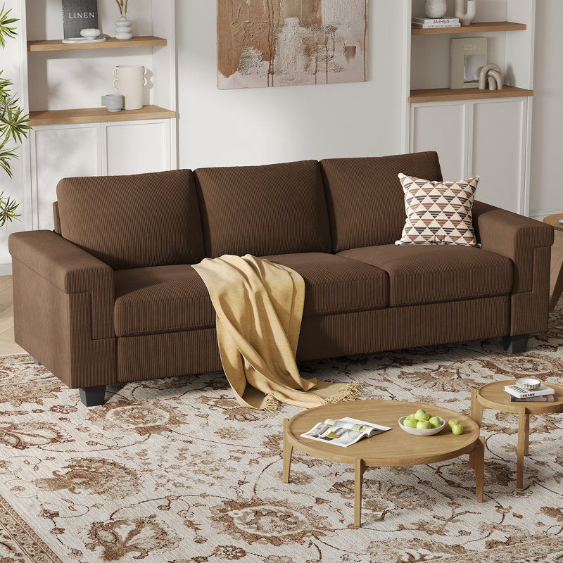 Canapé en polyester à accoudoirs carrés Dereon, H 32,7 po x l 90 po x P 35 po, Corduroy Brown