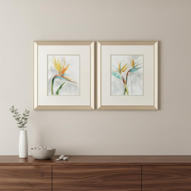 HomeRoots (lot de deux), oiseau de paradis champagne, impression murale encadrée