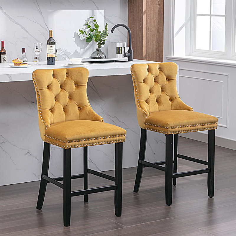 Upholstered Barstools Set Of 2, Gold, Black