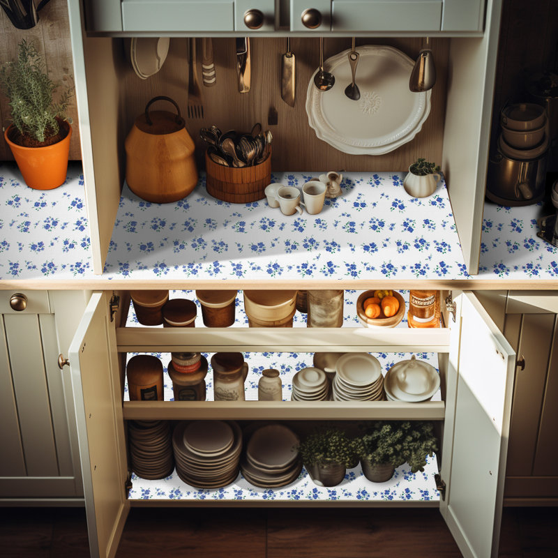 Revêtement pour tiroirs et étagères d'armoires de cuisine, non adhésif, antidérapant et imperméable, 30,5 cm x 3 m, motif floral bleu et blanc, idéal pour réfrigérateur, commode et salle de bain.