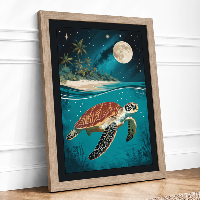 Turtle Under Moonlight Coastal - Framed Print, A2 - 59.4 x 42.0 cm, Oak