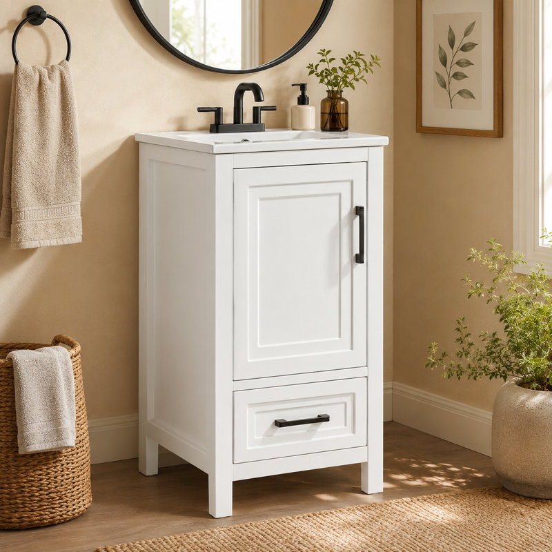Meuble-lavabo autoportant blanc de 18 pouces avec comptoir en céramique; Livré entièrement assemblé, prêt à être utilisé à la maison.