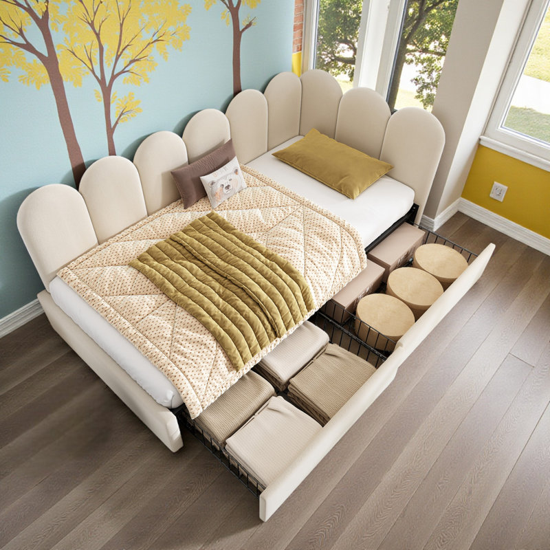 Velvet Upholstered 3FT Single Sofa Bed 90X190cm With Drawers Storage With Slatted Frame, Beige