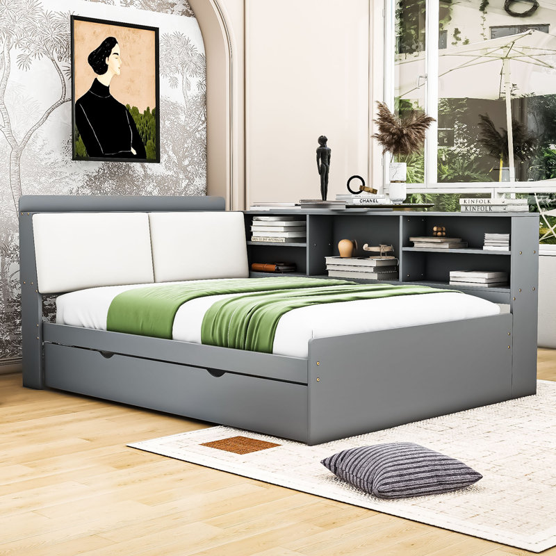 Lit plateforme en bois avec tête de lit tapissier, rangement intégré et lit gigogne simple, Full, Gris