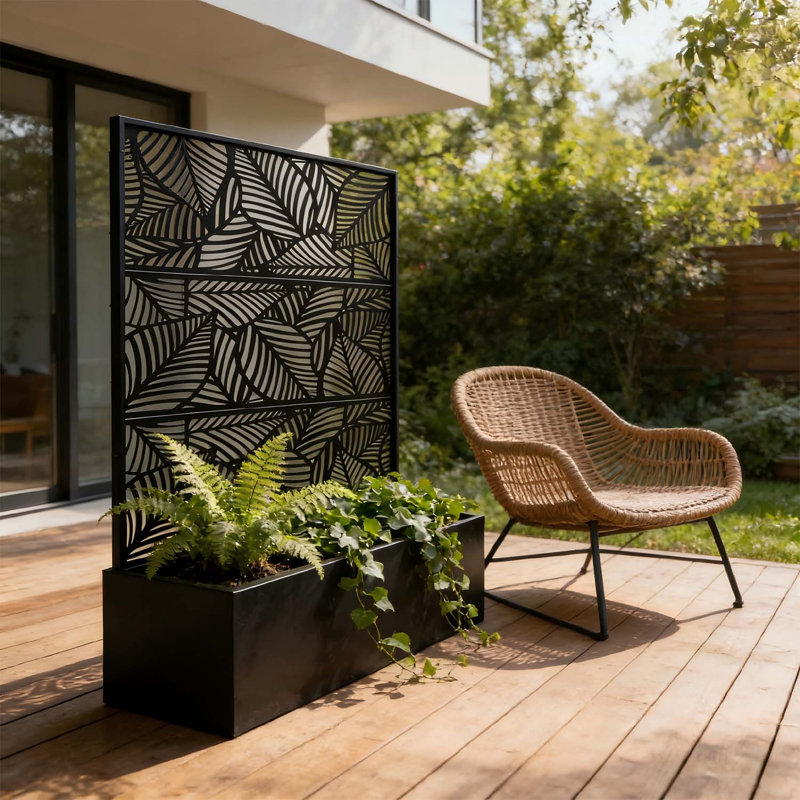 Paravent autoportant à motif de feuilles avec jardinière, clôture en métal durable pour espaces extérieurs