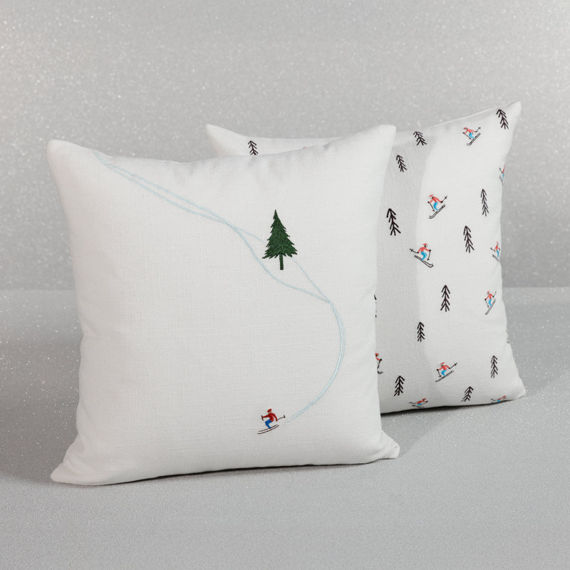 Coussin en coton brodé Ski Mountain, Skieur alpin