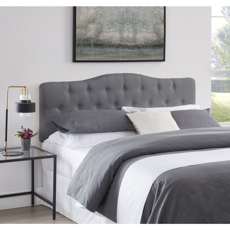 Arched Button Tufted Adjustable Upholstered Queen Headboard in Linen Fabric, Metal Legs, Light Gray