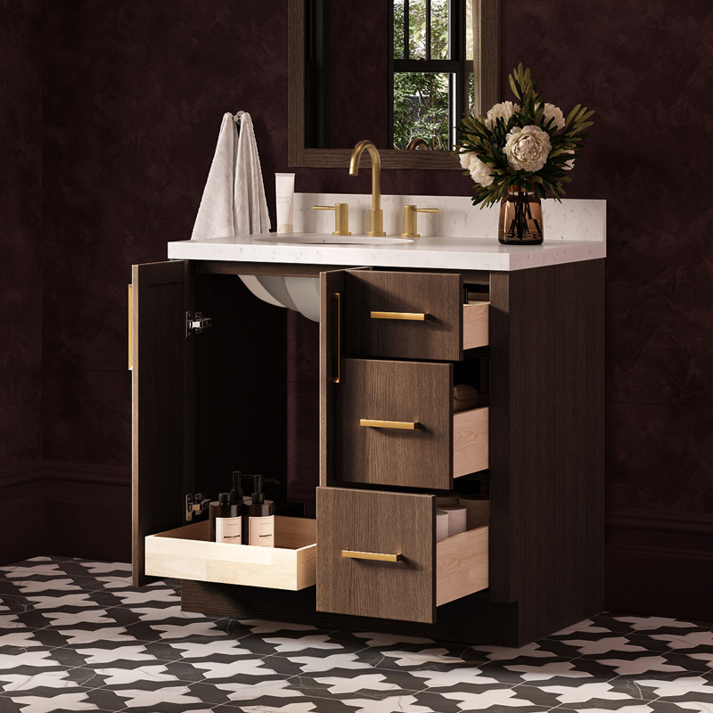 36 Inch Left Offset Single Oval Sink Bathroom Vanity with Carrara White Quartz Countertop 1.5 Inch in Brown Oak, Oval
