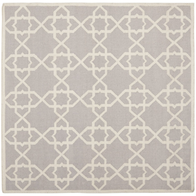 Rodgers Hand Woven Flat Weave Wool/Cotton Geometric Rug in Ivory/Gray, Square 6'