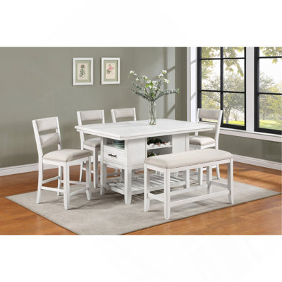 Ensemble de salle à manger 6 pièces à hauteur de comptoir Table rectangulaire blanche Bouteille de vin Chaises de rangement Tablette ouverte Meuble en bois massif